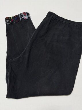Vintage Tropical Black Casual Elastic-Waist Pants with Embroidered Cuff